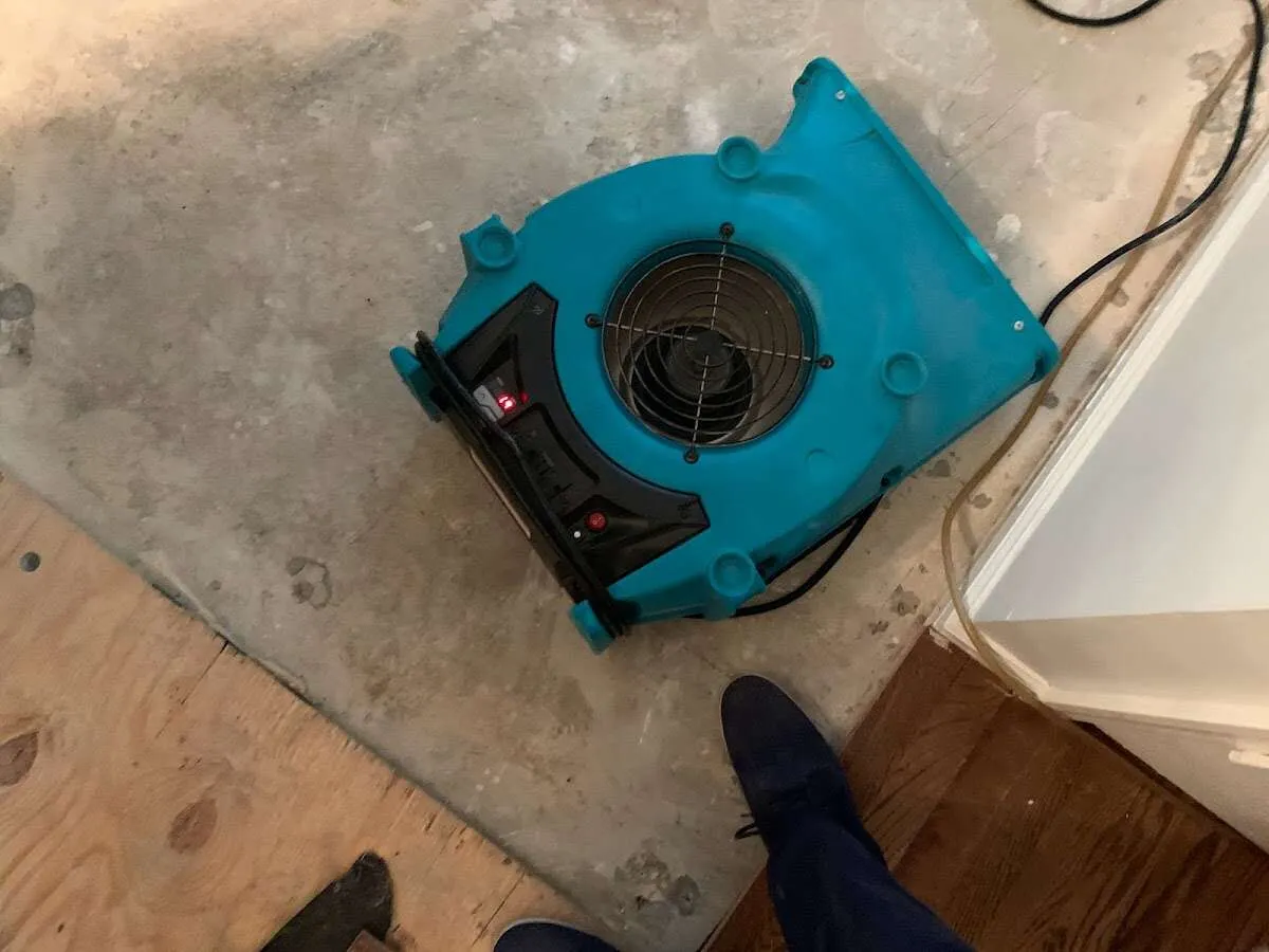 Air mover drying subfloor during Commercial Water Damage Restoration in Tyrone